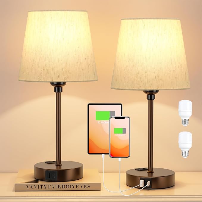 Brown Bedside Lamps Set 2 for Bedroom - Dimmable Touch, USB C+A, AC Outlet | 14.5" Mini Lamp, 3-Way Dimmable, LED Bulbs Included, Cream Barrel Fabric Lampshade, Nightstand Light for Guest Room, Kids - Image 2