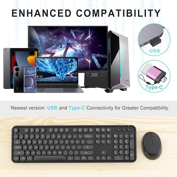 Wireless Keyboard and Mouse Combo, Ergonomic Full Size Typewriter Retro Round Keycaps Keyboard, Compatible with Windows, PC, Perfer for Home and Office Keyboards (Black - Image 2