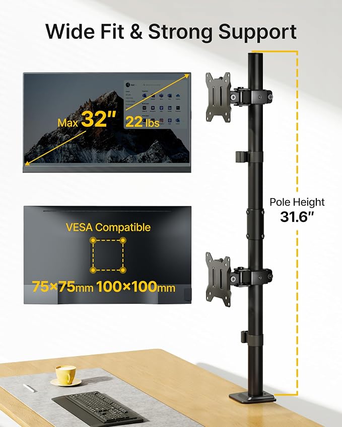 monTEK Stacked Dual Monitor Stand for 17-32", 22 lbs Each | Vertical dual-screen desk mount, height adjustment, tilt, swivel, rotation, clamp/grommet bases and VESA 75/100 - Image 2