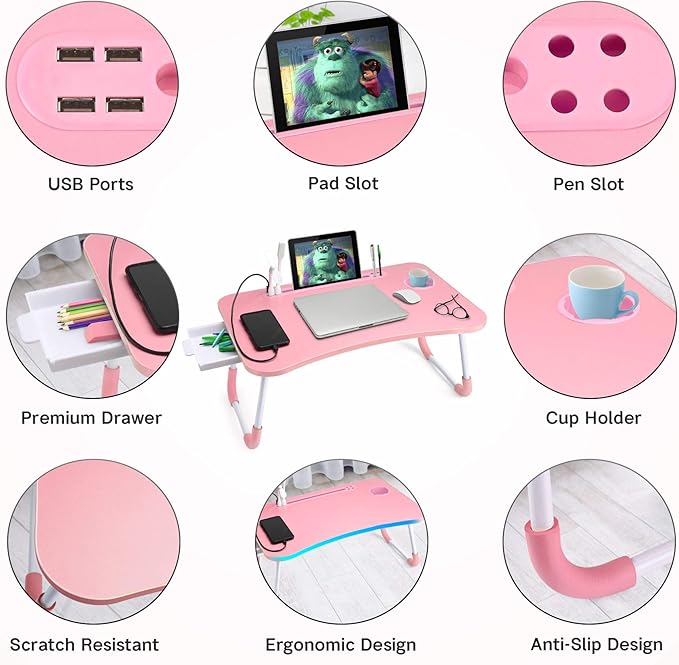 Slendor Bed Desk for Laptop and Writing with Storage, Cup Holder, Light | Fan, Pen Holder,Tablet Holder,Foldable, for Bed, Couch, Floor, Portable,Pink - Image 5