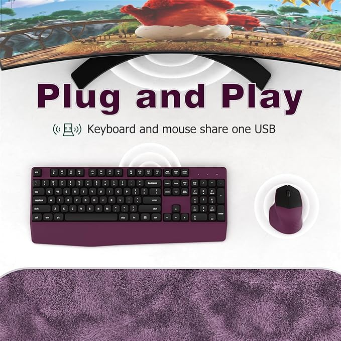 Ergonomic Wireless Keyboard and Mouse Combo with Wrist Rest, Black Burgundy | COVEVA Full Size Keyboard with 12 Dedicated Shortcuts, Smart Auto-Sleep, 2.4GHz Receiver, Natural Typing for PC Laptop - Image 4