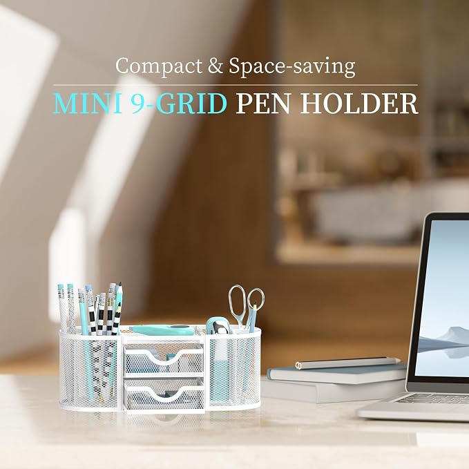 Mesh Desk Organizer, Pen Holder for Desk with 2 Drawers, White | Desk Organizers and Accessories with 8 Compartments and 2 Drawers, Pencil Holder for Desk for Small Office Supplies - Image 2