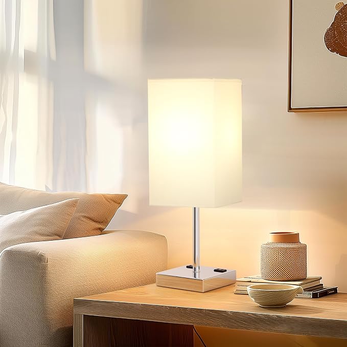 17.4" White Touch Table Lamp for Bedroom - Dimmable, USB C+A, 2 AC Outlets | 3-Way Dimming, 3000K Bulb Included, Square White Lampshade and Silver Base, Desk Lamp for Nightstand, Living Room, Dorm - Image 6