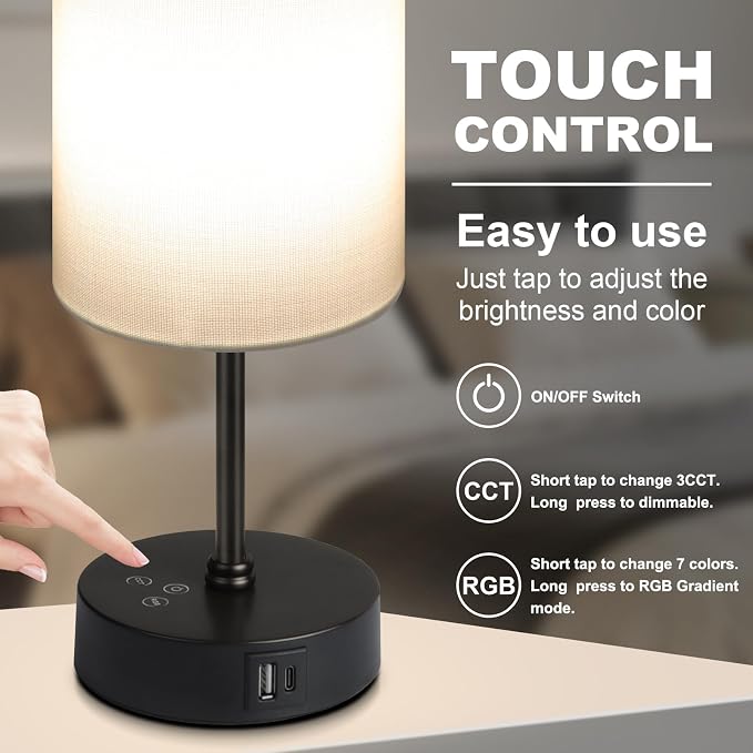 Table Lamp,3 CCT 3000K/4500K/6500K & RGB Color Changing,Stepless Dimmable Touch Control Bedside Lamp for Reading,Ambience Nightstand Light for Home Decor Party,White Shade - Image 9