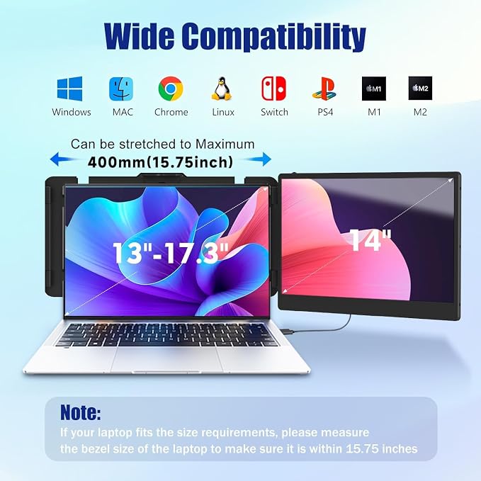 KEFEYA Laptop Screen Extender, 14" FHD 1080P IPS Laptop Monitor Extender Dual Screen, Portable Monitor for Laptops 13-17" with USB-C/HDMI Port, Plug n Play for Windows/Mac/Android/Switch/PS5 - Image 2