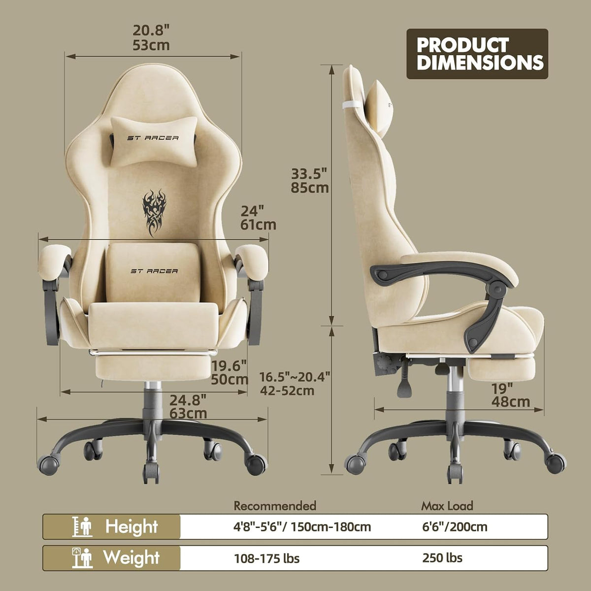 Velvet Fabric Gaming Chair, High Back Ergonomic Gamer Chair for Adult, Comfortable Video Game Chair with Footrest and Massage Lumbar Cushion, Racing Reclining Office Computer Desk Chair Beige - Image 3