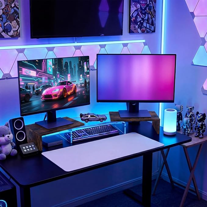 Dual Monitor Riser, Acrylic Monitor Riser with Keyboard Storage, Adjustable Angle & Length Computer Monitor Stand, Wide Desk Shelf for Top of Desk for Home Office_Wood Look - Image 2
