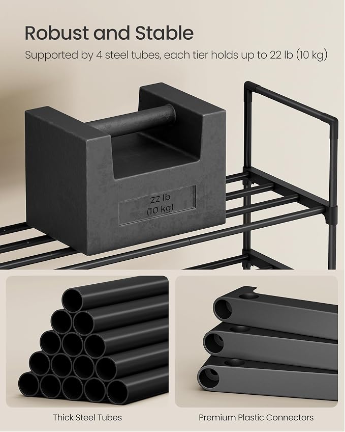 SONGMICS Shoe Rack, 4-Tier Shoe Organizer, Metal Storage Shelf | for Entryway, Upright or Upside Down, for 10-15 Pairs, Stackable, 11.8 x 26.8 x 28.9 Inches, Black ULSA204B01 - Image 7