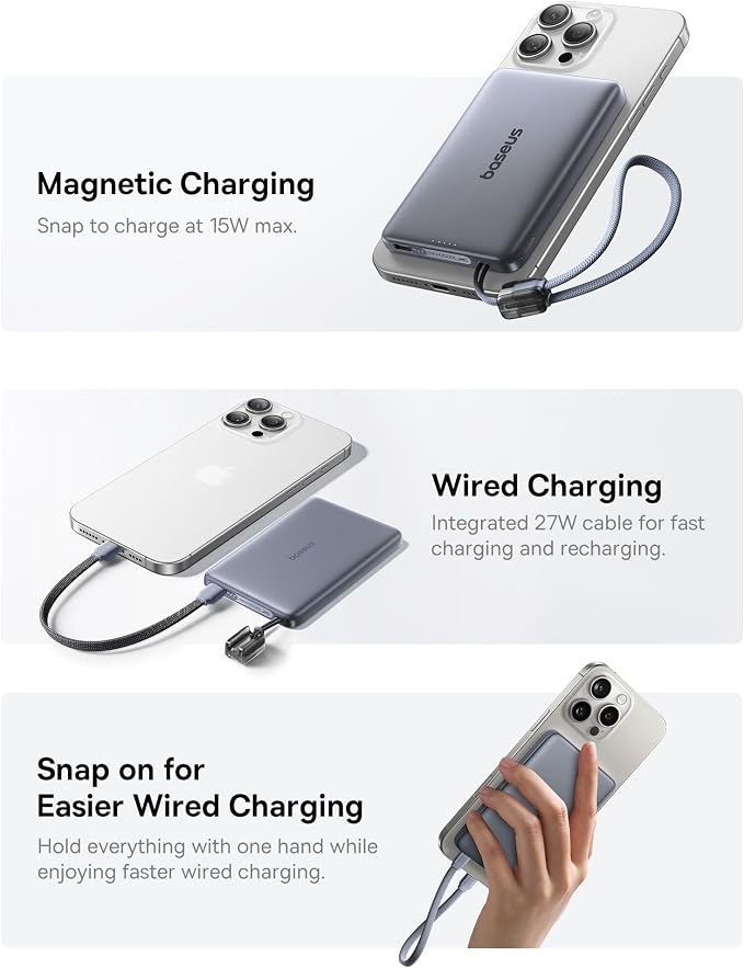 Baseus Picogo Qi2 15W Magsafe Portable Charger, 0.5" Ultra Slim 10000mAh Wireless Power Bank with 27W Built-in USB-C Cable, Magnetic Battery Pack for iPhone 17 Pro Max/17 Pro/Air/16/15/14/13/12 | 10000mAh Wireless Power Bank, 27W Fast Charging Magnetic... - Image 5