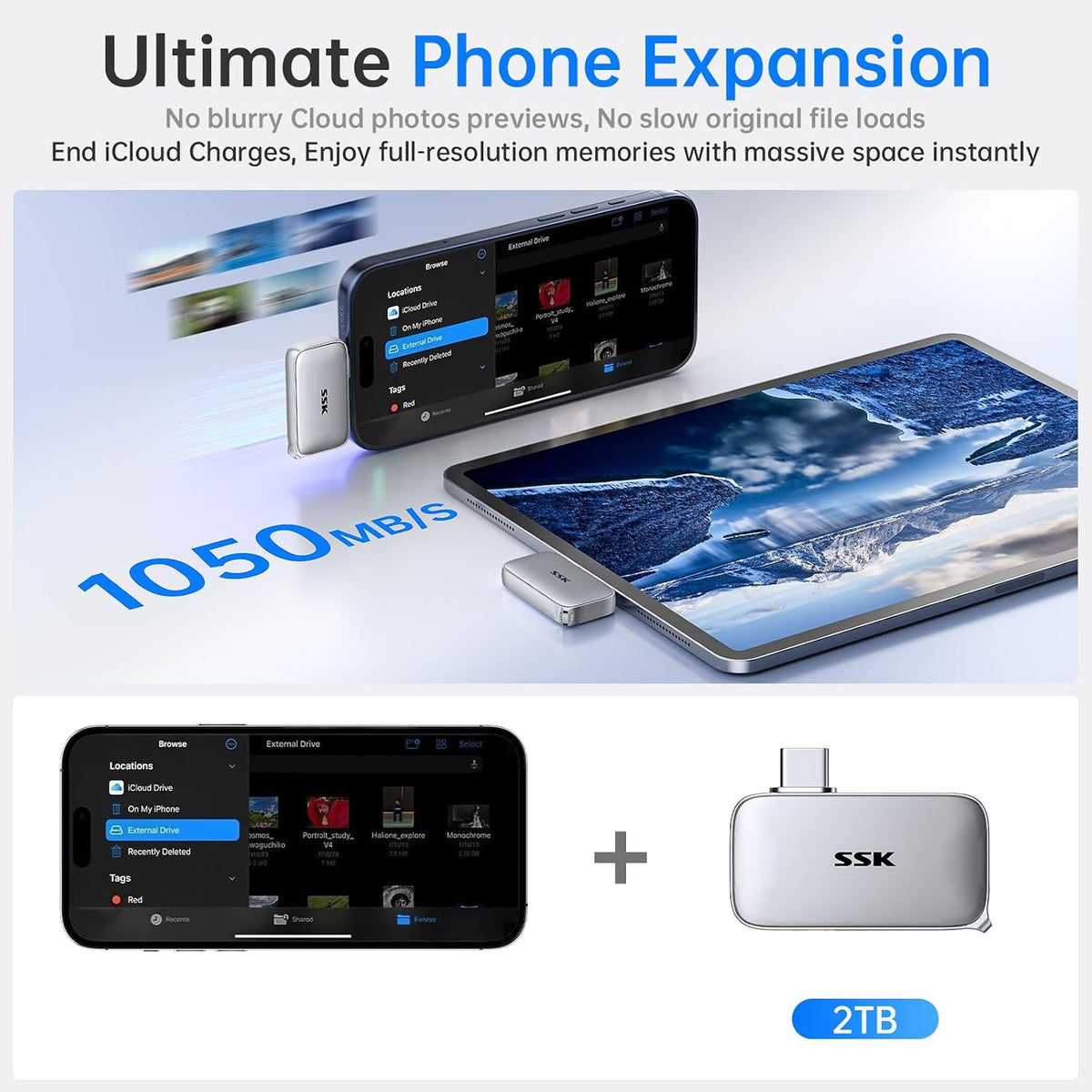 SSK USB-C Drive 2TB Portable SSD External Solid State Drive Up to 1050MB/s - Image 2