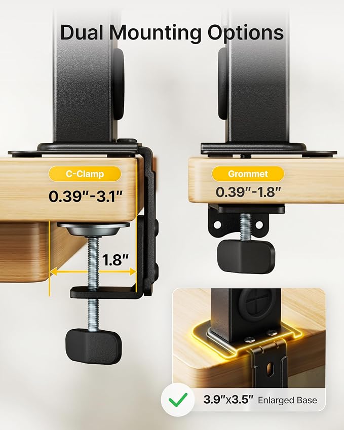 monTEK Powered Stacked Dual Monitor Stand for 17-32", Clamp/Grommet | Vertical dual monitor desk mount, integrated power outlet, adjustable arms and clamp/grommet mounting options - Image 5