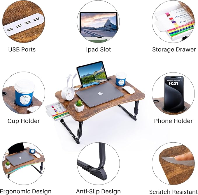 BYMECOST Laptop Desk for Bed, Height Adjustable Laptop Bed Table, Foldable Portable Lap Desk Stand with USB/Storage Drawer/Cup Holder/Slot, Breakfast Tray for Working Reading Writing Eating - Image 6