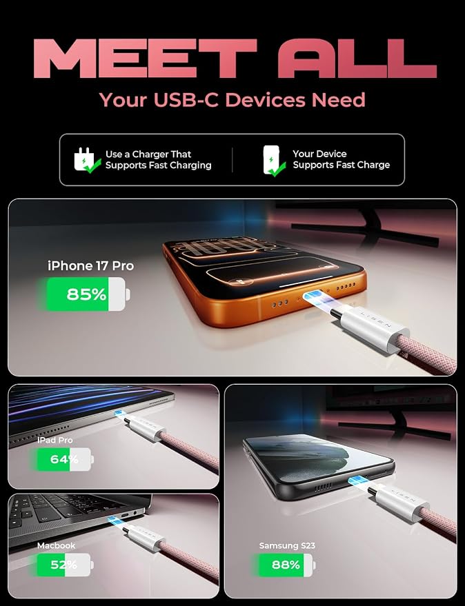 LISEN USB C to USB C Cable, 5-Pack [3.3/3.3/6.6/6.6/10FT] Pink for iPhone 17 Charger Cord, 60W C to C Cable Fast Charging for iPad, iPhone 17 Air 16 15 Pro Max, Samsung Z Flip 7/S25/S24 - Image 6