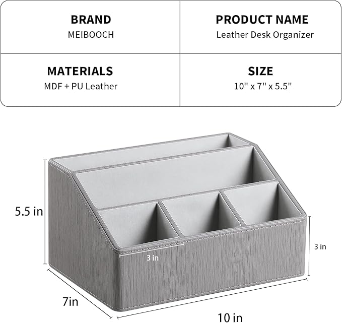 PU Leather Desk Organizer, Remote Control Holder, Grey | Luxury Nightstand Organizer for Home, Office Desk Accessories, Bedside Table Caddy with 5 Compartments, Velvet Lining - Image 4