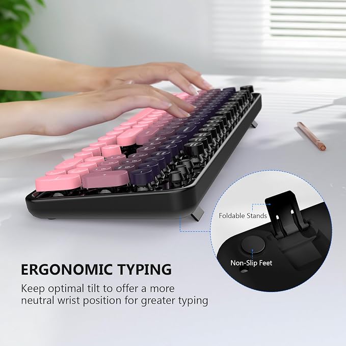MOFII Wireless Keyboard and Mouse Combo, 2.4 GHz Full-Size Retro Round Keyboard and Mouse, Plug and Play, 8 Multimedia & Shortcut Keys for Mac, Windows, Laptop/Desktop/PC - Pink Gradient - Image 5