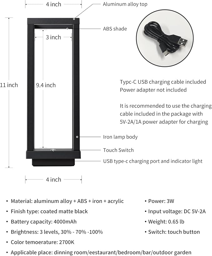 PUSU Cordless Waterproof Table Lamps Set of 2, Black LED Outdoor Desk Lamp | Rechargeable 4000mAh Battery Operated, 2700K 3-Level Dimmable, Portable Lighting for Patio, Camping, Bedroom, Night Light - Image 5