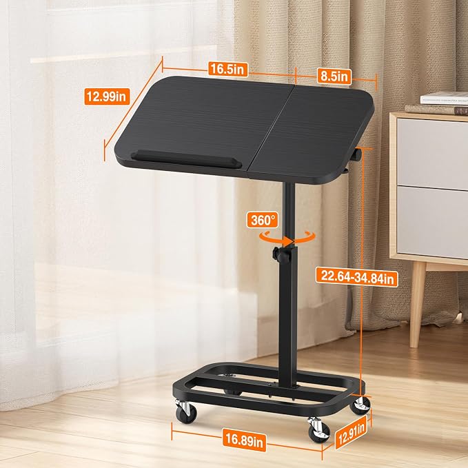 Portable Rolling Over Bed Laptop Desk, Adjustable Height and Tilt for Home | Alentar Large-Size Mobile Laptop Stand for Bed, Sofa TV Tray with Wheels, Sturdy Welded Metal Frame, Black, 25” x 12.99” - Image 5