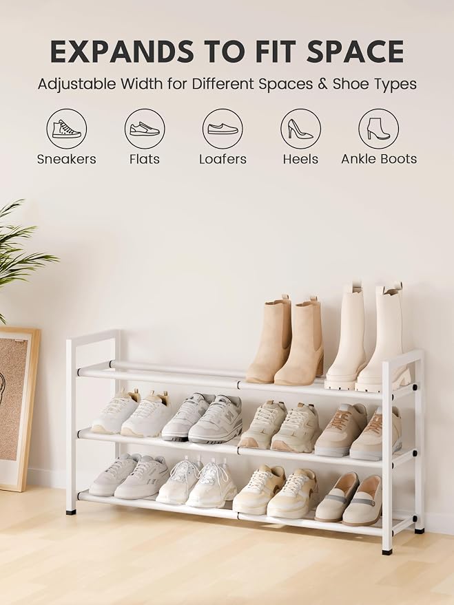 Bumusty 3 Tier Expandable Shoe Rack for Closet, White | 18"-33" Adjustable Shoe Rack for Entryway, Small Shoe Organizer for Dorm, Front Door, Sturdy Metal - Image 5