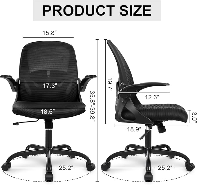Office Chair Ergonomic Desk Chair with Flip up Armrests Swivel Breathable Desk Mesh Computer Chair with Adjustable Lumbar Support and Height for Conference Room (Black) - Image 3