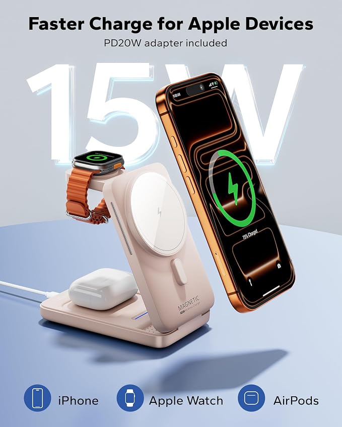 Foldable 3in1 Charging Station for Magsafe, Travel Phone and Watch Charger for Apple Devices, Wireless Charging Dock for iPhone 17 16 15 14 13 12 Series/Apple Watch/Airpods - Image 2