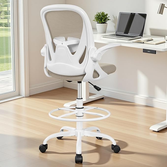Drafting Chair Tall Office Chair with Flip-up Armrests Executive Ergonomic Computer Standing Desk Chair with Lumbar Support and Adjustable Footrest Ring（Khaki） - Image 2