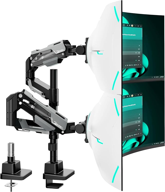 ARES WING Heavy Duty Dual Monitor Mount for 24-57 Inch, Black | Adjustable Stacked Gas Spring Desk Mount for 2 Ultrawide Screens, VESA 75/100/200mm Mount by ARESWING