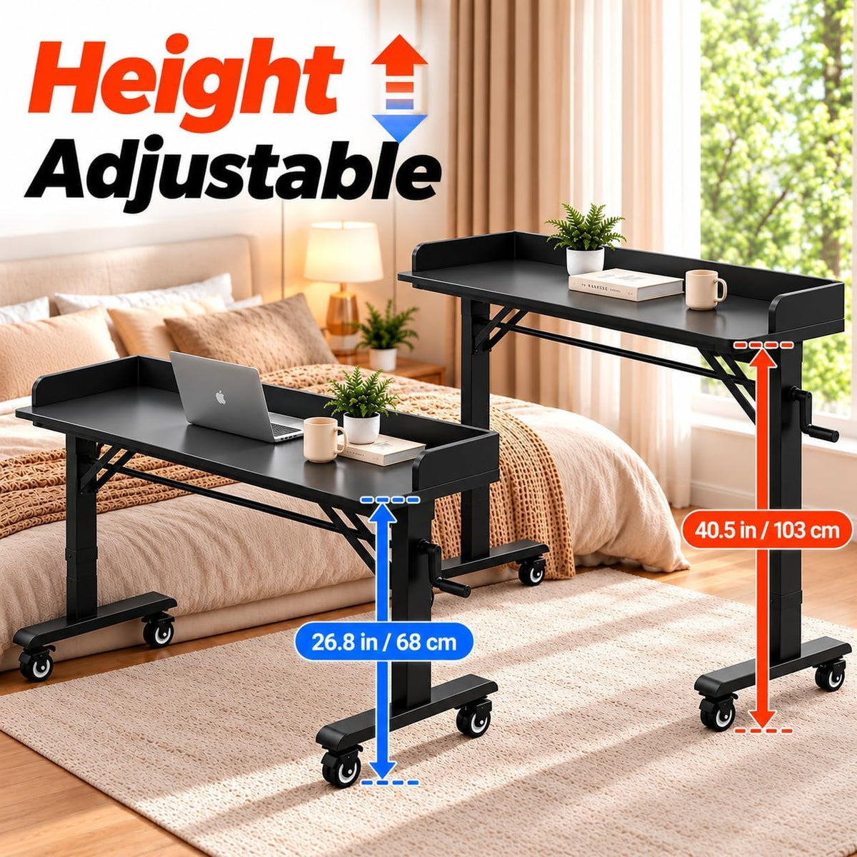 70.9" Overbed Table with Wheels, Hand Crank Height Adjustment - Image 3