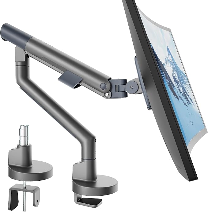 monTEK Aluminum Monitor Arm for 17-40" Screens, 26.4 lbs, Gray | Mechanical spring, tension indicator, full motion, VESA 75/100 compatibility, clamp/grommet bases and cable routing by monTEK