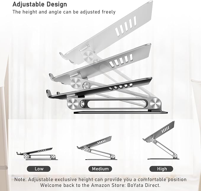 BoYata Laptop Stand, Adjustable Metal Desktop Riser, Up to 15 Inches, Gray | Slide-Proof Silicone Pads and Protective Hooks Provide Stable Support for MacBook, Notebooks and Laptops up to 15 Inches - Image 5