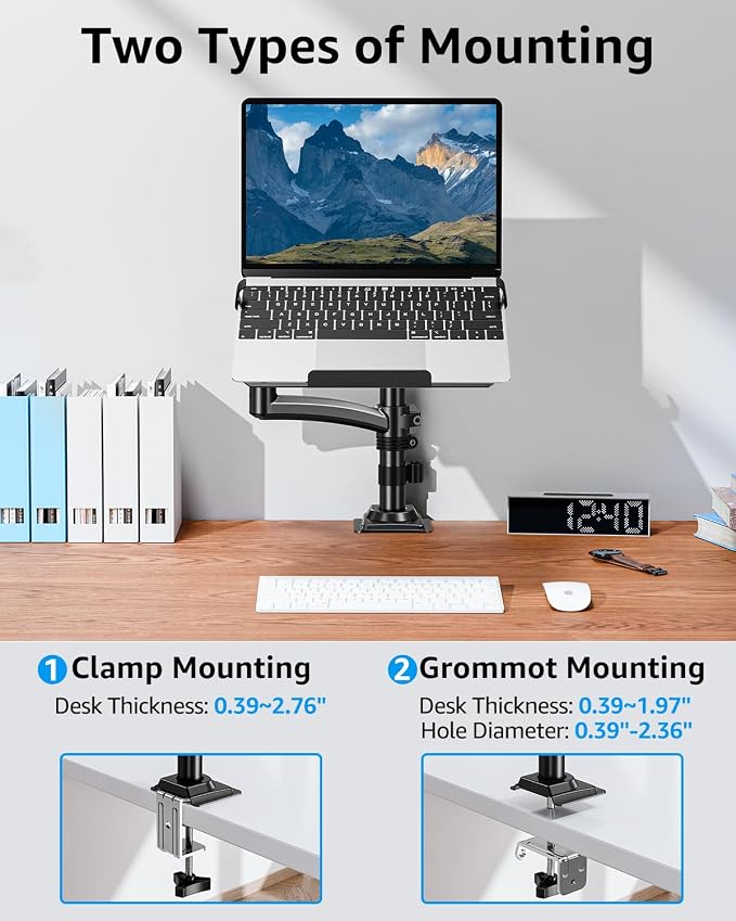 MOUNTUP Laptop Desk Mount, Adjustable Laptop Stand for max 17" Notebook or 32" Monitor, Laptops Arm Mount for Desk Holds 4.4-22lbs, Tall Laptops Stand with Clamp/Grommet - Image 8