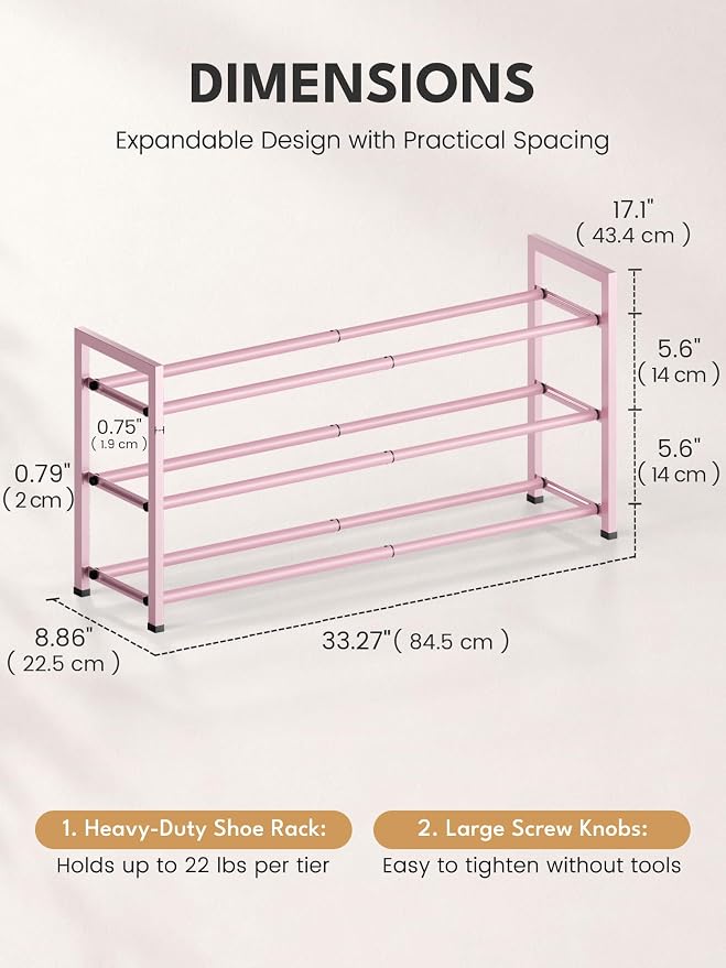 Bumusty 3 Tier Expandable Shoe Rack for Closet, Pink | 18"-33" Adjustable Shoe Rack for Entryway, Small Shoe Organizer for Dorm, Front Door, Sturdy Metal - Image 2