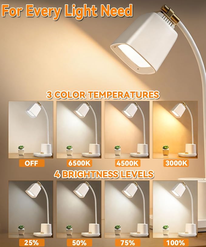 LED Desk Lamps for Home Office with Charger, Organizer, Desk Light Table Lamp for Bedroom, Study, Reading, Work, Nail, Gooseneck Small Desk Lamp for Artist, Puzzle, Drawing, Eye-Caring LED Office Lamp - Image 3