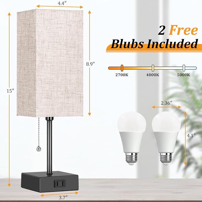 Table Lamp for Bedroom set of 2,3-Color Bedside Lamps with Pull Chain | Table Lamps for Nightstand with AC Outlets,Night Light Lamps for Living Room Kids Office Decor（Black+Cream） - Image 2