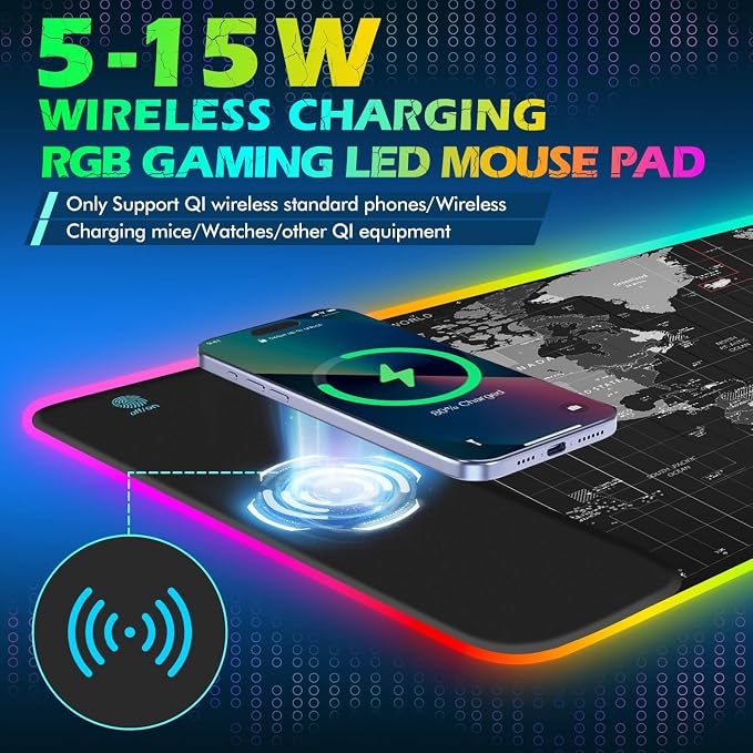 ToLuLu RGB Gaming Wireless Charging Mouse Pad, 5/7.5/10/15W LED Mouse Pad | 10 Light Modes Computer Keyboard Mat Mousepad, 800x300x4MM Extended Large Desk Mat for Gaming, MacBook, Laptop, PC, World Map - Image 2