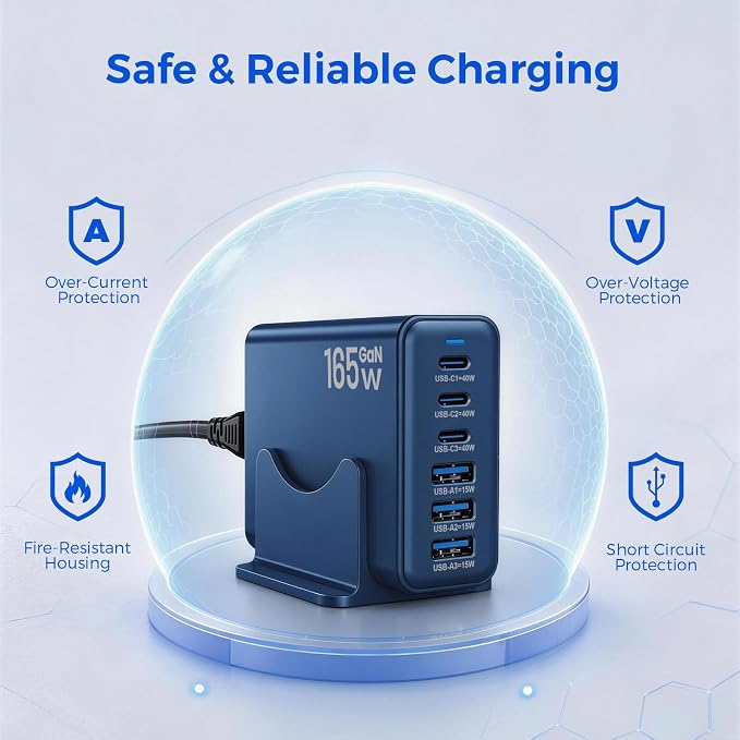 165W GaN Charging Station, 6-Port USB C & USB A Charger, Navy Blue | 165W GaN, 6-Port USB Charging Station, 3x40W USB-C + 3x15W USB-A, ABS+PC, Charge 6 Devices, Home Office Travel - Image 5