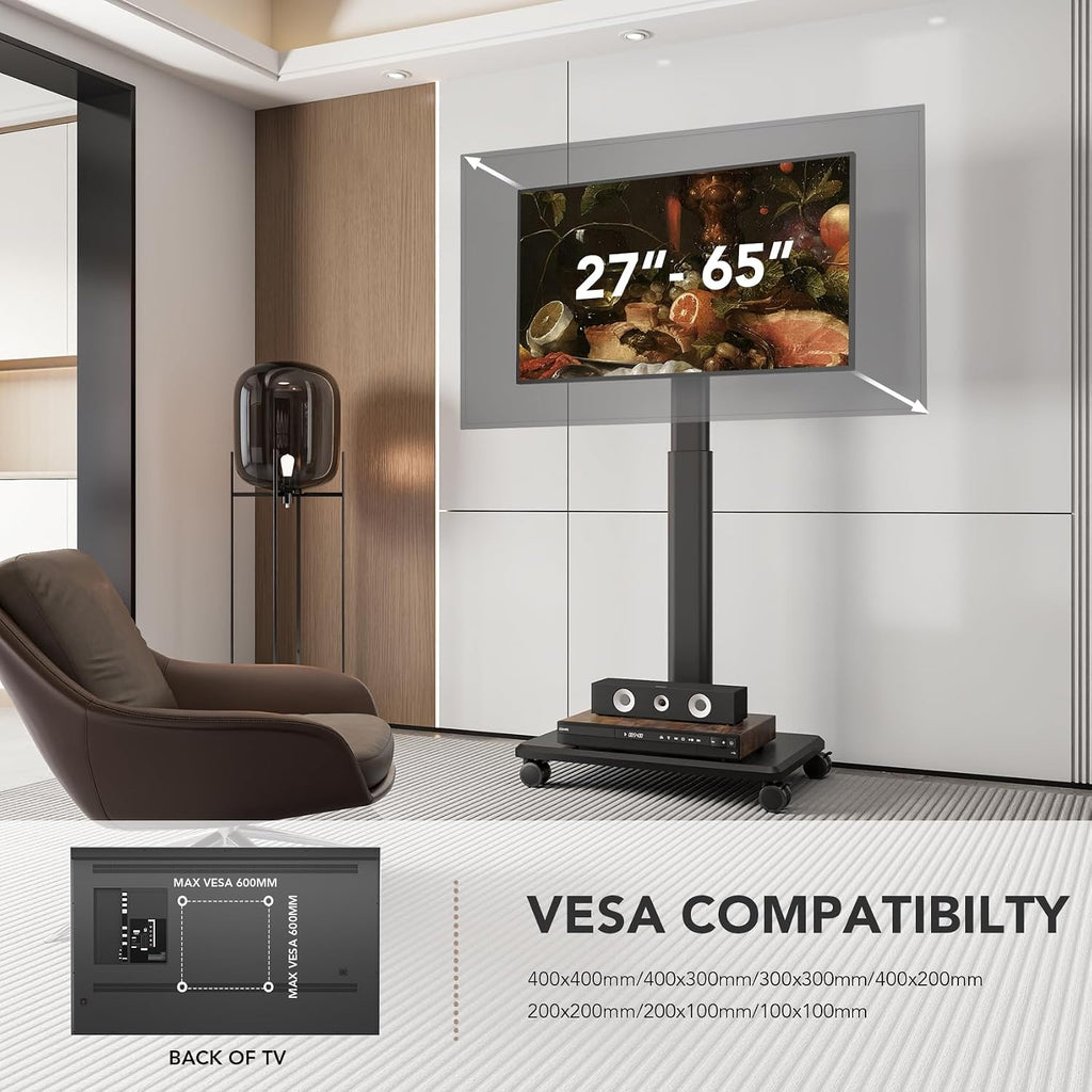 Universal Floor TV Stand, Portable Rolling Floor TV Mount with Wheels, 80 Degree Swivel Height Adjustable for 27 to 65 Inch LCD LED OLED, Holds up to 88 lbs Mobile TV Cart, Max VESA 400x400mm - Image 5