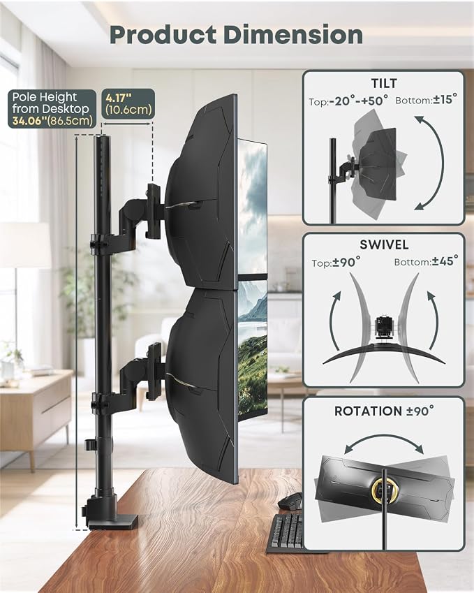 Dual Ultrawide Monitor Mount for 24-57'' Screens, Max Load 59.4 lbs per Arm | Vertically Stacked, Heavy Duty, Aluminum, Fully Adjustable, Topside Clamp/Grommet Mounting, VESA 75/100 mm, Black - Image 5
