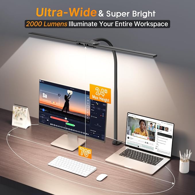 Syrinx LED Desk Lamp for Home Office, 18W 2000LM Dual Head Architect Lamp | Wide-Area Eye-Caring Lighting, Adjustable Gooseneck, Gesture & Wired Control, Memory & Timer, 50 Modes for Study & Crafting - Image 8