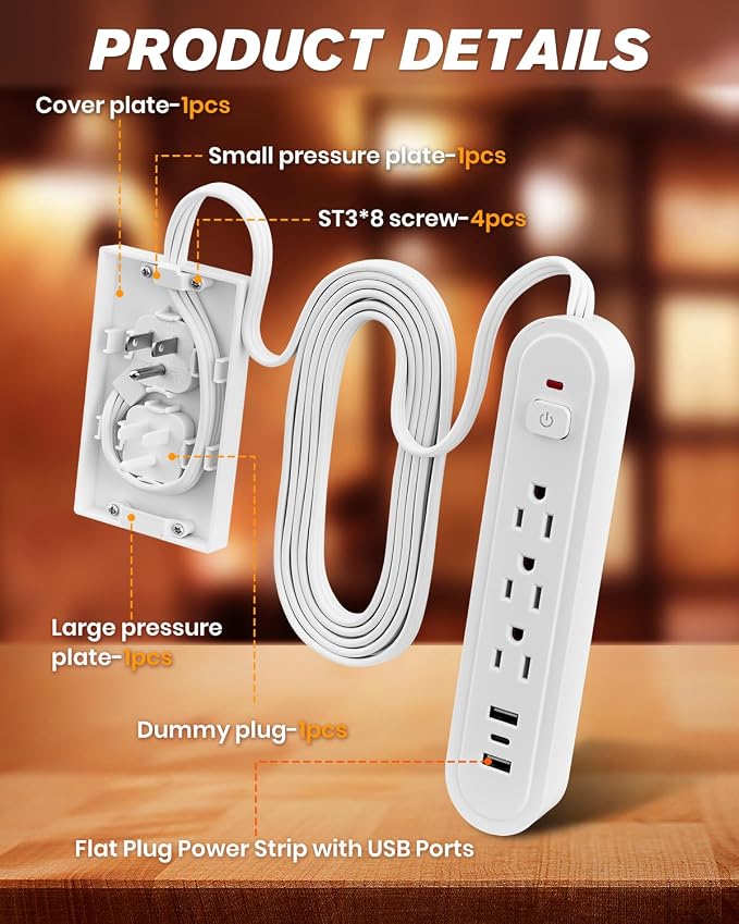 Saker 8ft Surge Protector, 3 Outlets, 3 USB, Flat Plug, White | 3 AC Outlets + 3 USB Ports, Built-In Surge Protection, 8ft Flat Extension Cord, Outlet Concealer for Home & Office - Image 4