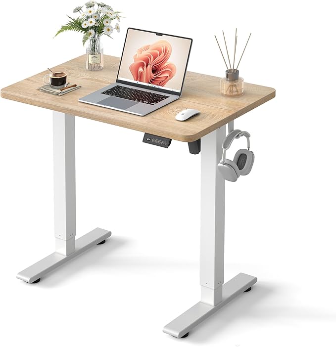 Cubiker Standing Desk, 32" Small Sit Stand Home Office Desk, Electric Stand up Desk, Adjustable Desk with Splice Board, White Frame/Maple Top by CubikerHomeOfficeFurniture