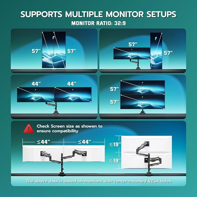 ARES WING Heavy Duty Dual Monitor Mount for 24-57 Inch, Black | Adjustable Stacked Gas Spring Desk Mount for 2 Ultrawide Screens, VESA 75/100/200mm Mount - Image 7