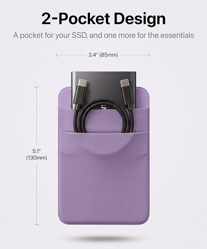 2-Pocket SSD & Hard Drive Holder for Laptop, Reusable 3M Adhesive | Stick-On Sleeve for Portable SSDs | 5.1 x 3.4-Inch Pouch | Separate Pocket for Cables | Built-In Safety Strap - Image 2