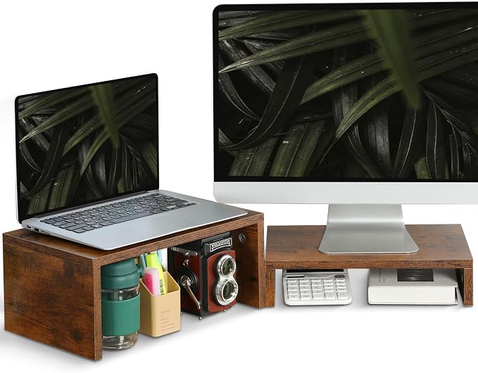 TEAMIX 2-Pack Monitor & Laptop Stand Riser, Wood High-Low Dual Monitor Set | Stacked/Separate Use, Adjustable Computer Stand for 2 Monitors, Holds 80Lbs, Rustic Desk Organizer for Home Office, Gaming by TEAMIX