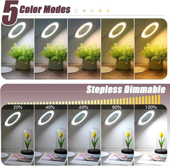 10X Magnifying Glass with Light and Stand, 5 Color Modes Stepless Dimmable LED Lighted Desk Lamp, Hands Free Flexible Gooseneck Magnifier with Light for Craft Hobby Painting Close Work - White - Image 3