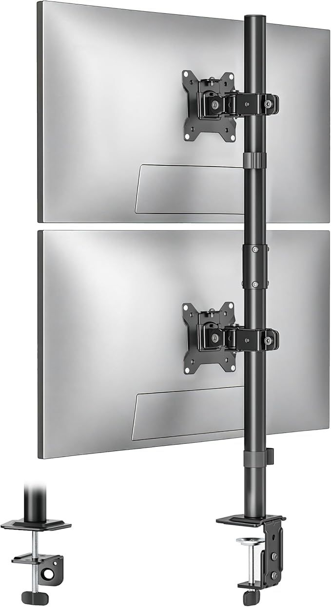 monTEK Stacked Dual Monitor Stand for 17-32", 22 lbs Each | Vertical dual-screen desk mount, height adjustment, tilt, swivel, rotation, clamp/grommet bases and VESA 75/100 by monTEK