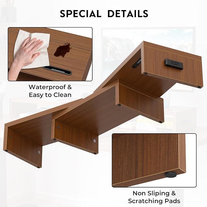 BONTEC Dual Monitor Stand Riser, Adjustable Length & Swivel Angle, Walnut | Ergonomic Wooden Desktop Organizer with Smartphone Holder, Computer Monitor Stand for PC, Laptop, Printer and Large Storage - Image 7