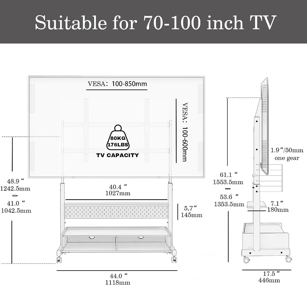 FITUEYES Rolling TV Stand for 70-100 Large TVs, Height-Adjustable, White - Image 7