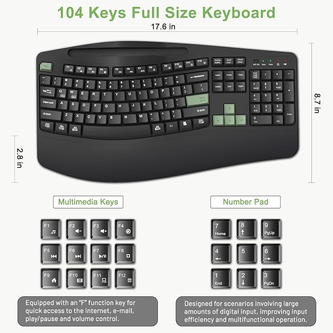 Wireless Keyboard and Mouse Combo, 2.4G Ergonomic Wave Keys(AvocadoGreen) | Full Size Ergonomic Keyboard with Wrist Rest, Phone Holder, 3-Level DPI Silent Mouse with 6-Buttons,for Windows/Mac OS/Laptop - Image 7