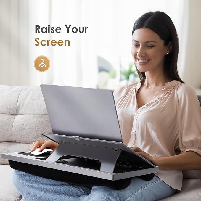 Adjustable Laptop Desk with Cushion, Mouse Pad & Cellphone Slot - Laptop Stand for Bed & Couch, Riser for Home & Office (Grey) | Built-in mouse pad, phone & pen slots, dual-cushion base, anti-slip design, raises the screen, for home office, bed, sofa - Image 4