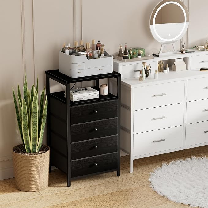 BOLUO Tall Night Stand with Drawers, Black Nightstand with Charging Station and LED Light, Small White 4 Drawer Dresser for Bedroom, Room Storage Closet - Image 2
